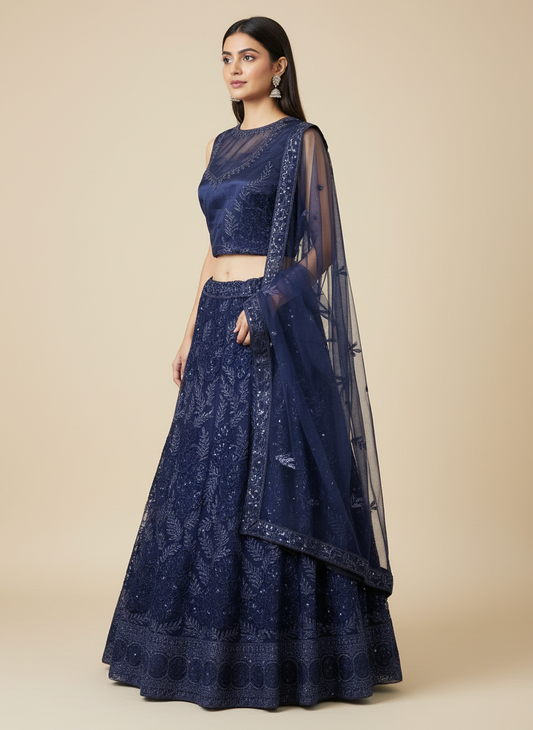 Model wearing navy blue lehenga with side detail