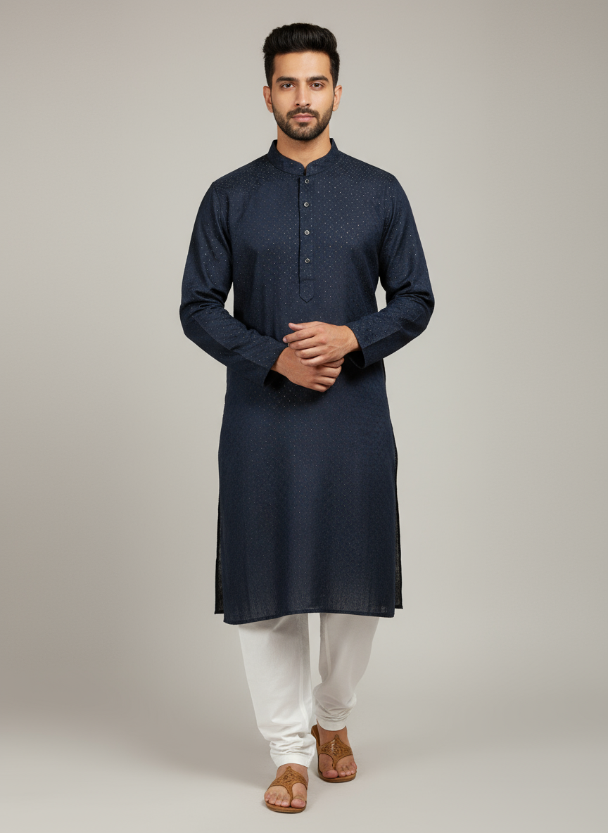 Model wearing navy blue textured kurta with white pajama