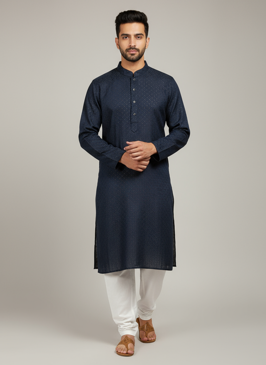 Model wearing navy blue textured kurta with white pajama