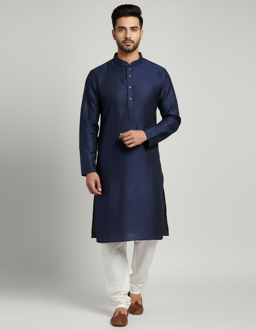 Model wearing navy blue textured kurta with white pajama