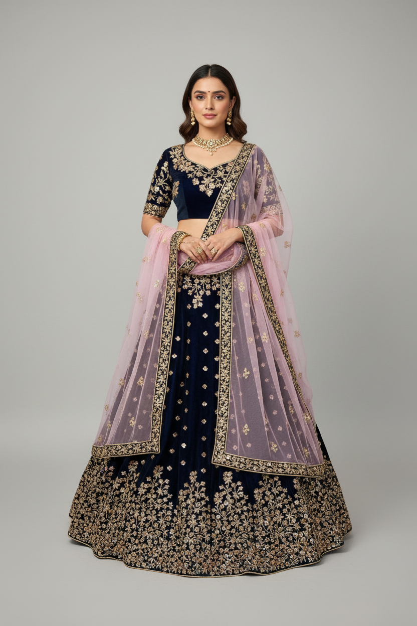 Model wearing navy velvet lehenga with light pink dupatta
