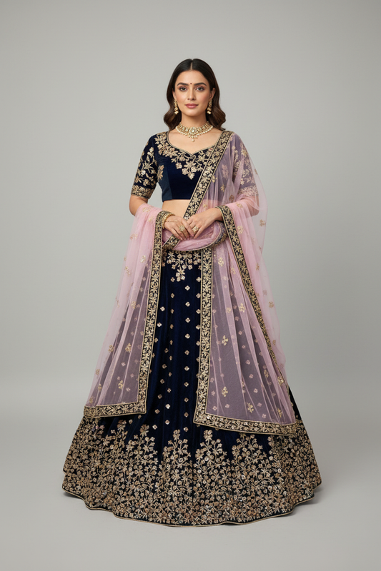 Model wearing navy velvet lehenga with light pink dupatta