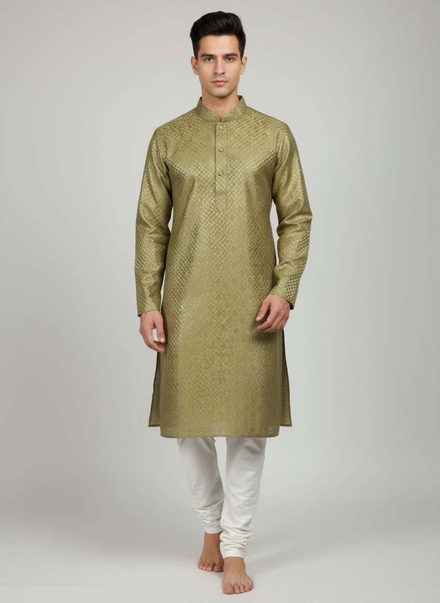 Model wearing olive gold brocade kurta with white churidar