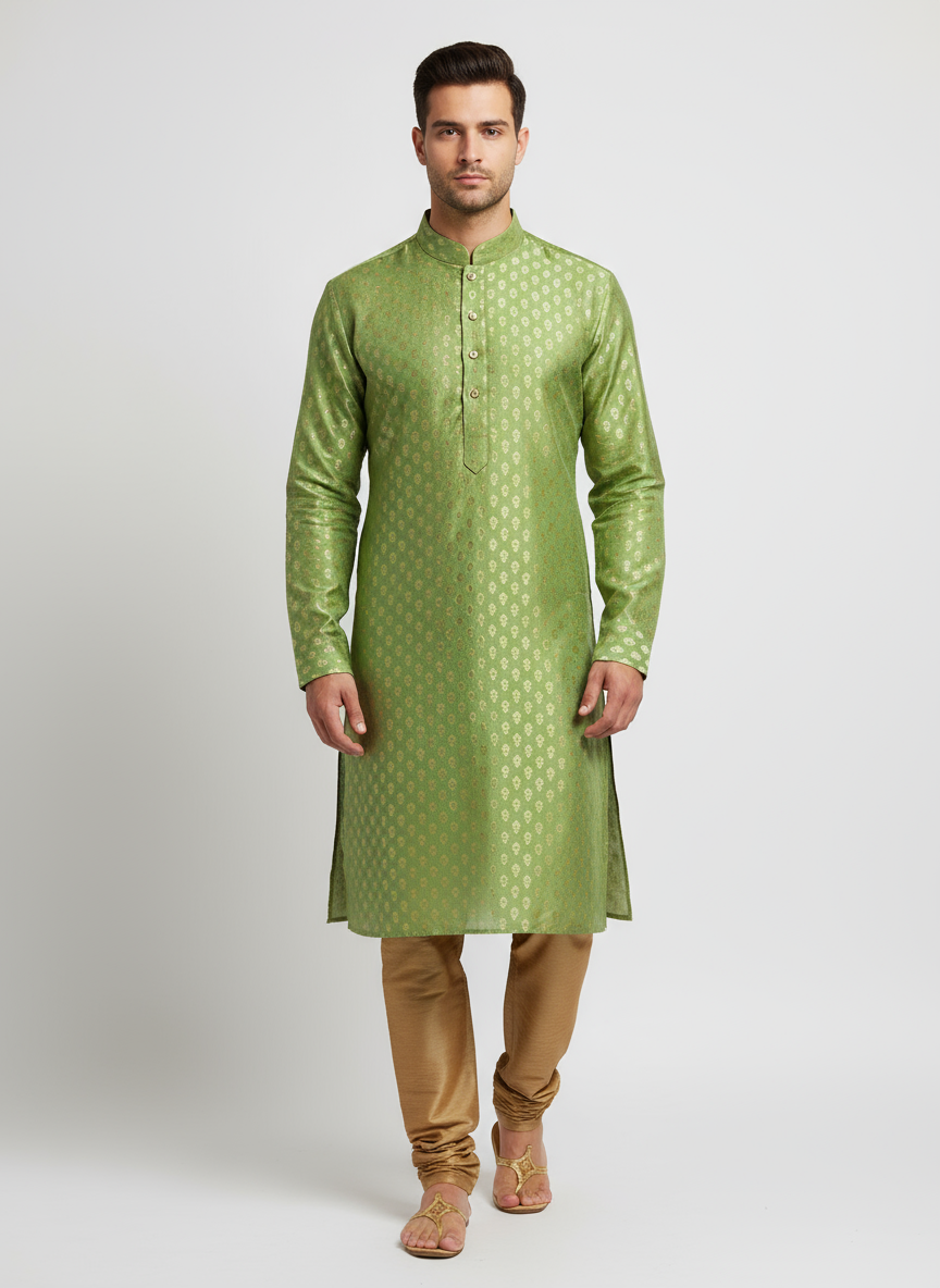 Model wearing olive green embroidered kurta with golden pajama