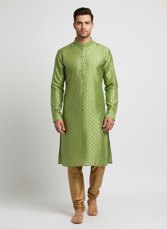 Model wearing olive green embroidered kurta with golden pajama