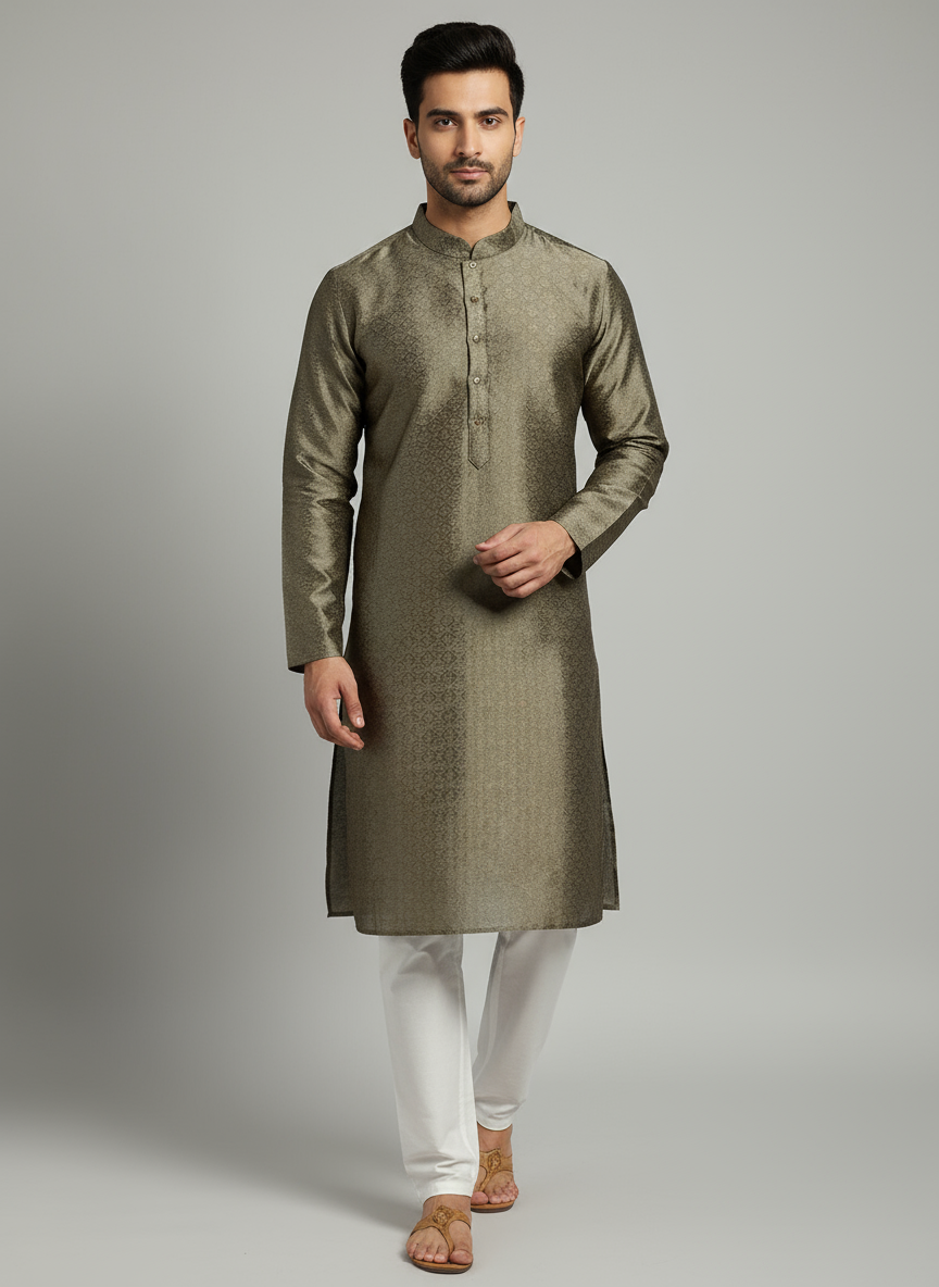 Model wearing olive green kurta with white pajama
