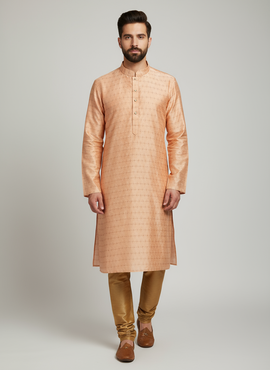 Model wearing peach embroidered kurta with golden pajama