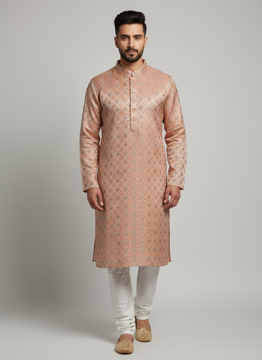 Model wearing peach rose gold embroidered kurta with white pajama