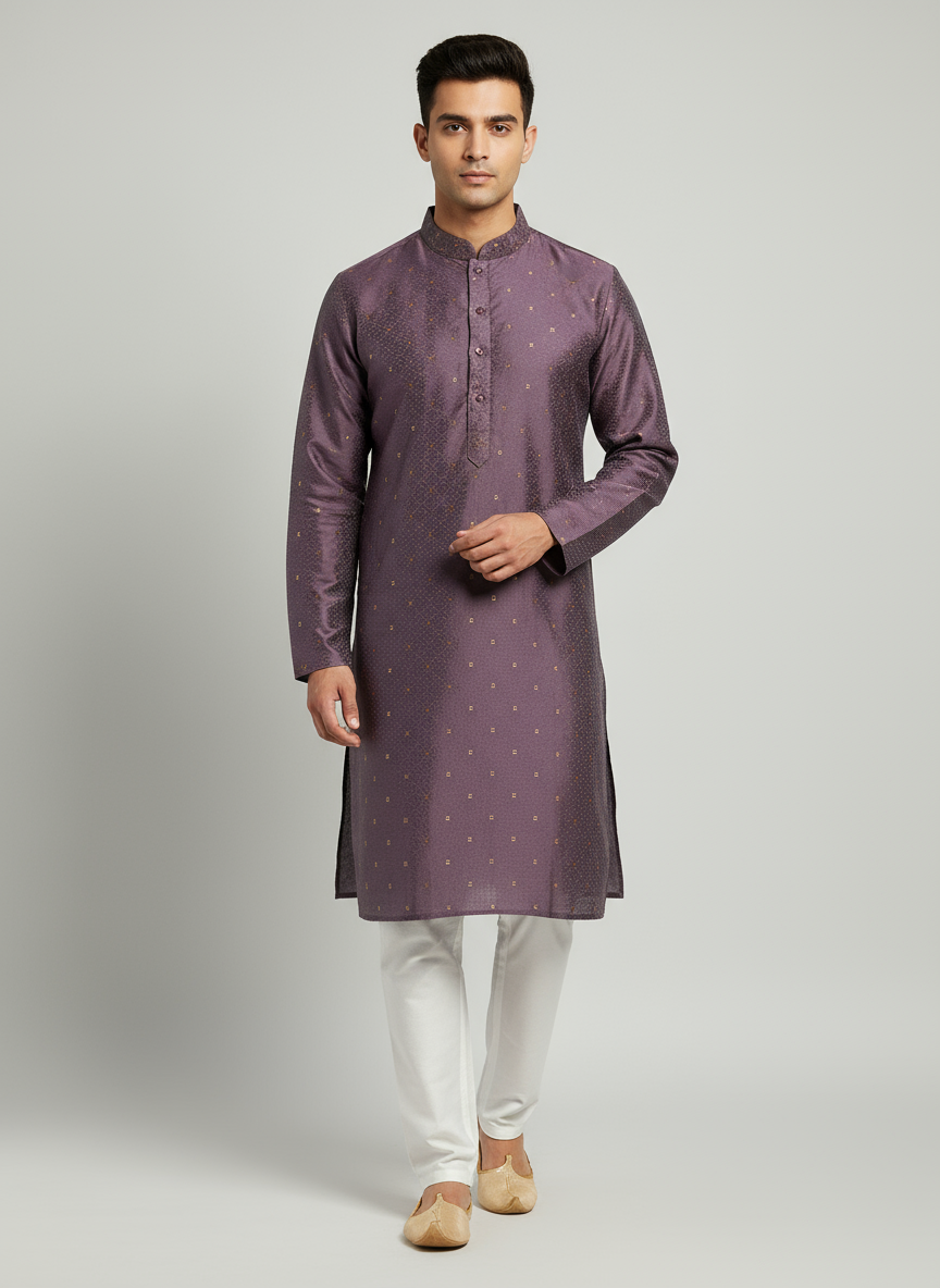 Model wearing purple geometric kurta with white pajama