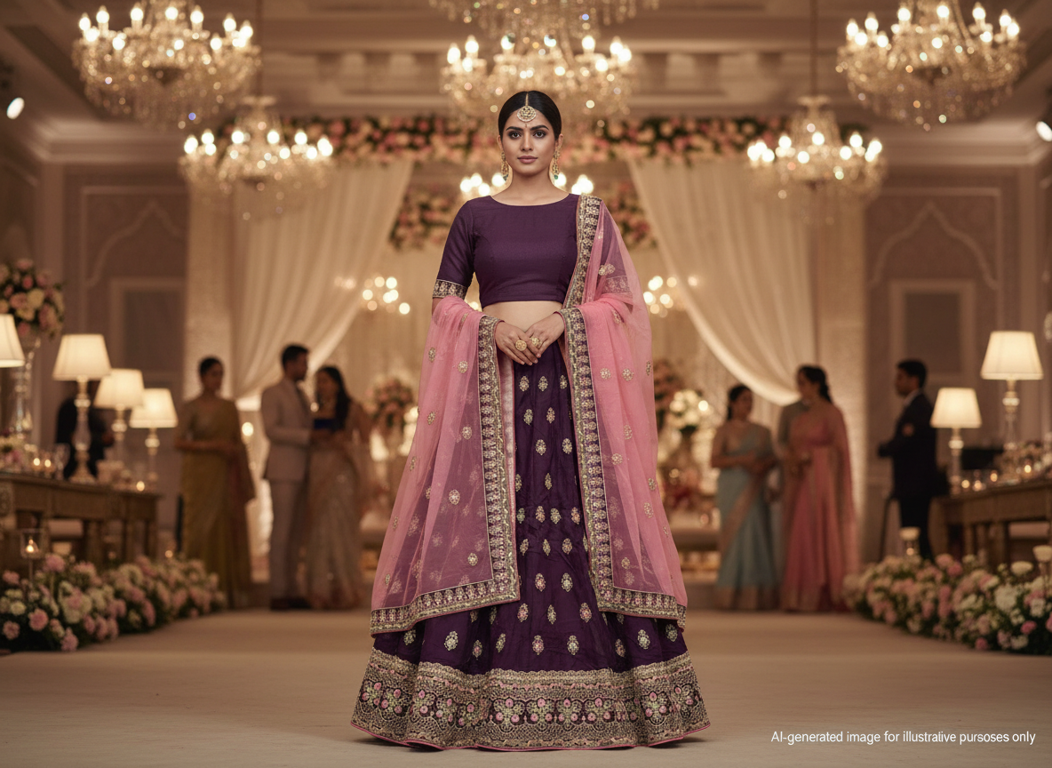 Model wearing purple lehenga with minimal work blouse