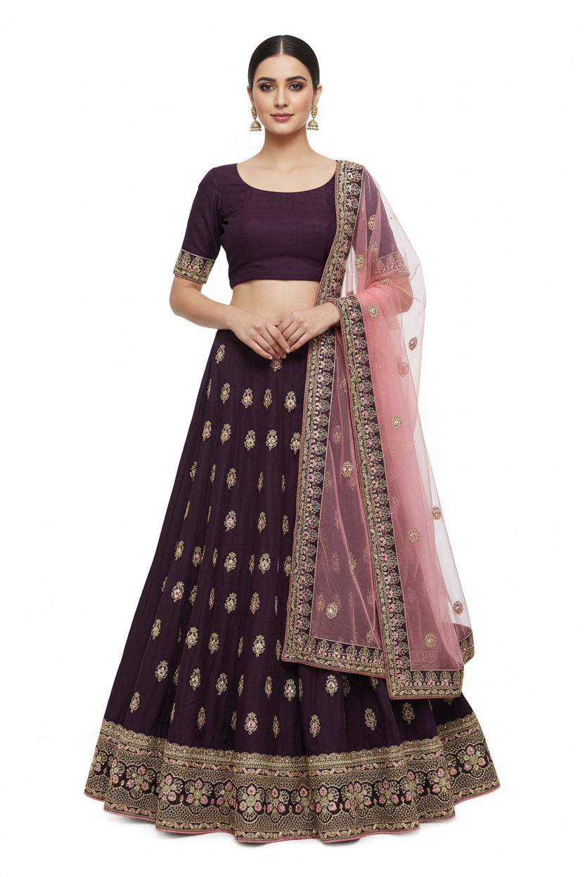 Model wearing purple lehenga with Sabyasachi-style blouse