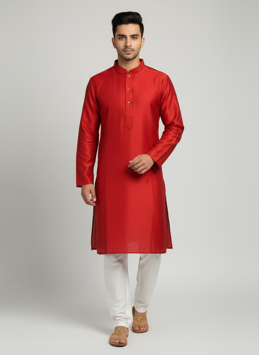 Model wearing red textured kurta with white pajama