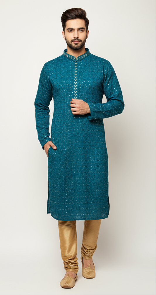 Model wearing teal blue sequined kurta with golden pajama