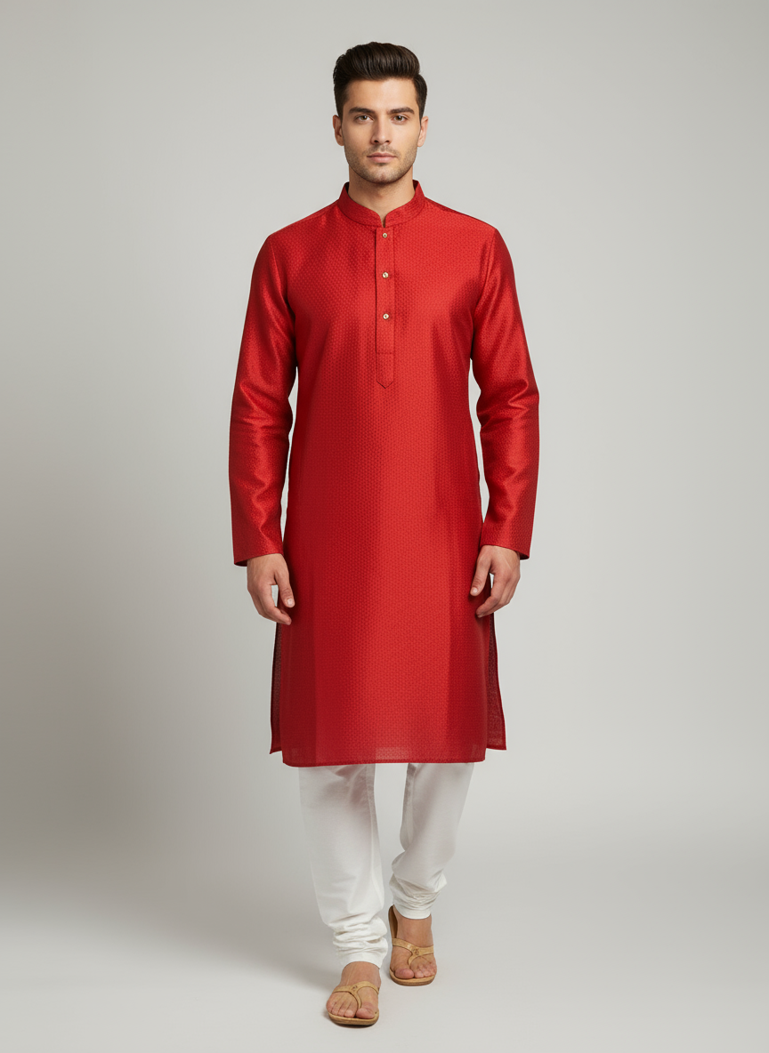 Model wearing vibrant red textured kurta with white pajama