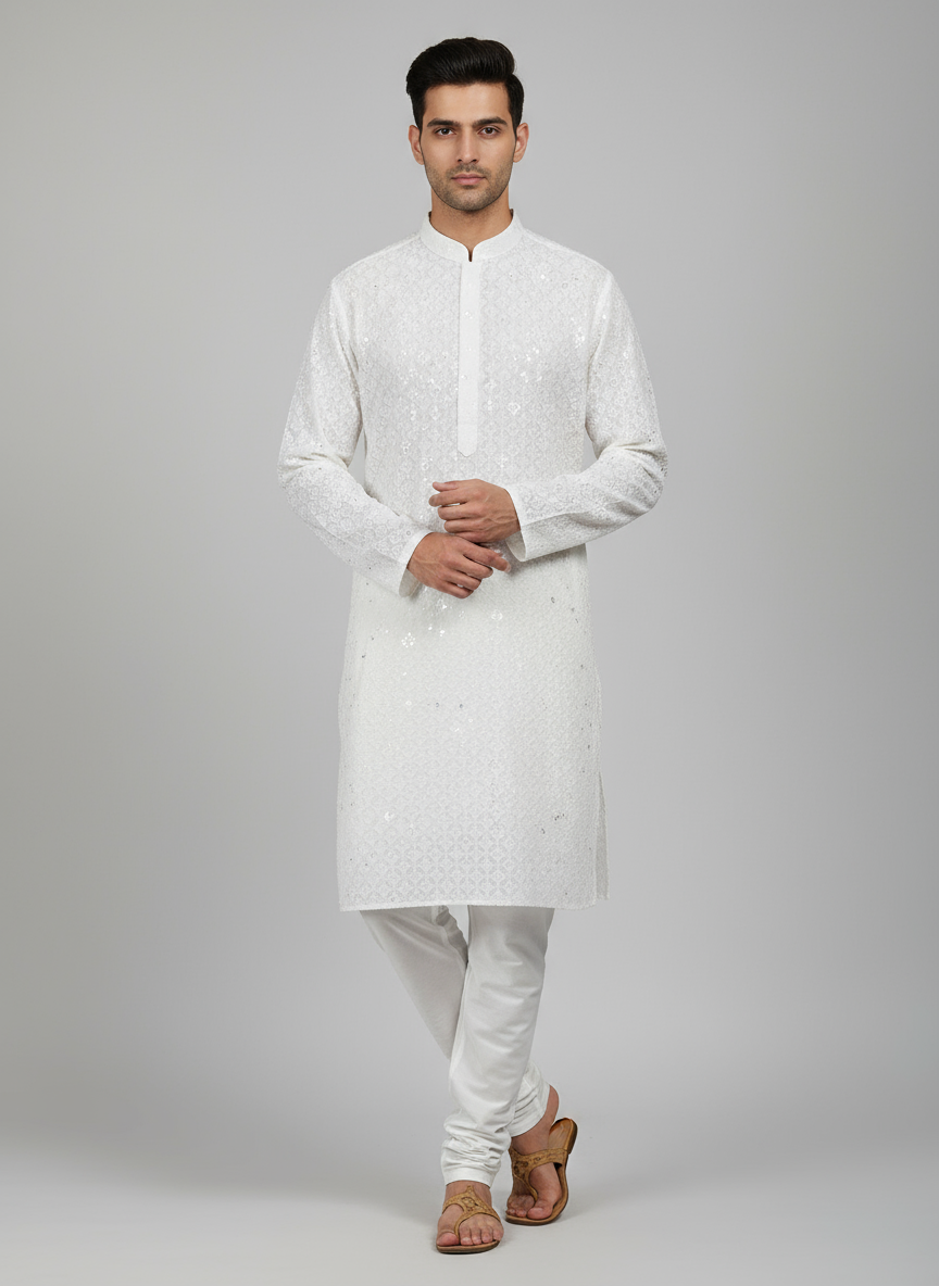 Model wearing white sequin kurta with white churidar