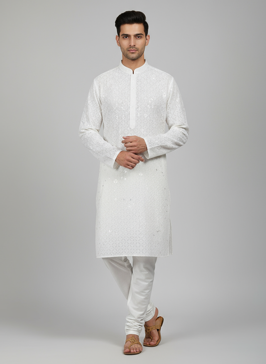 Model wearing white sequin kurta with white churidar