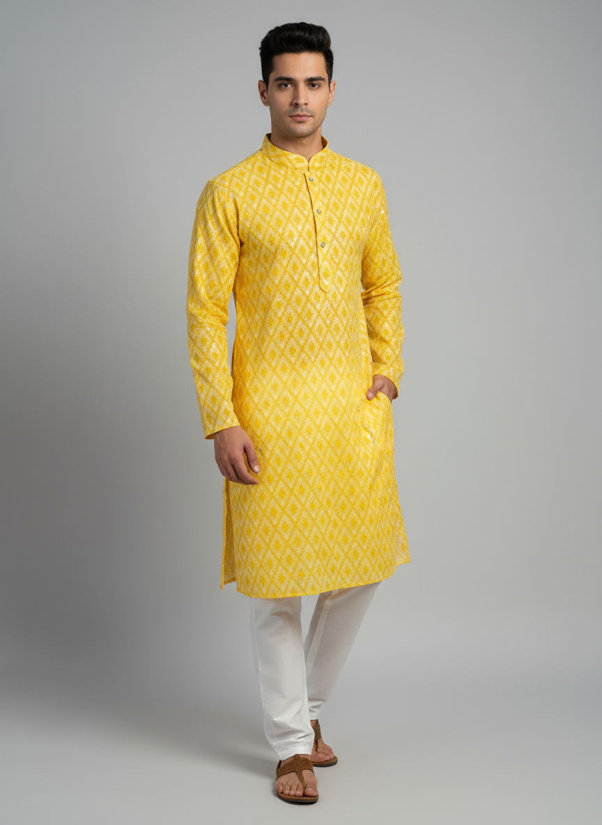 Model wearing yellow geometric kurta with white pajama