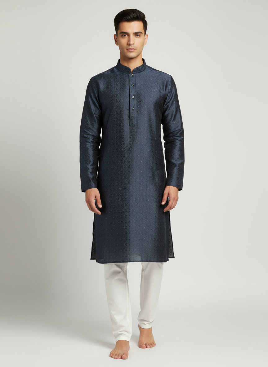 Navy Blue Kurta with White Pajama on Male Model
