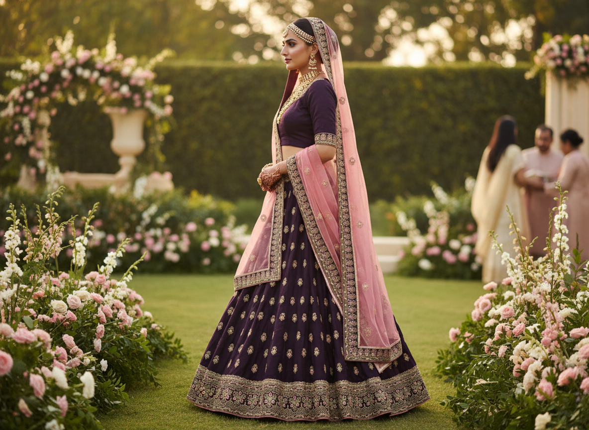 Side view of purple lehenga