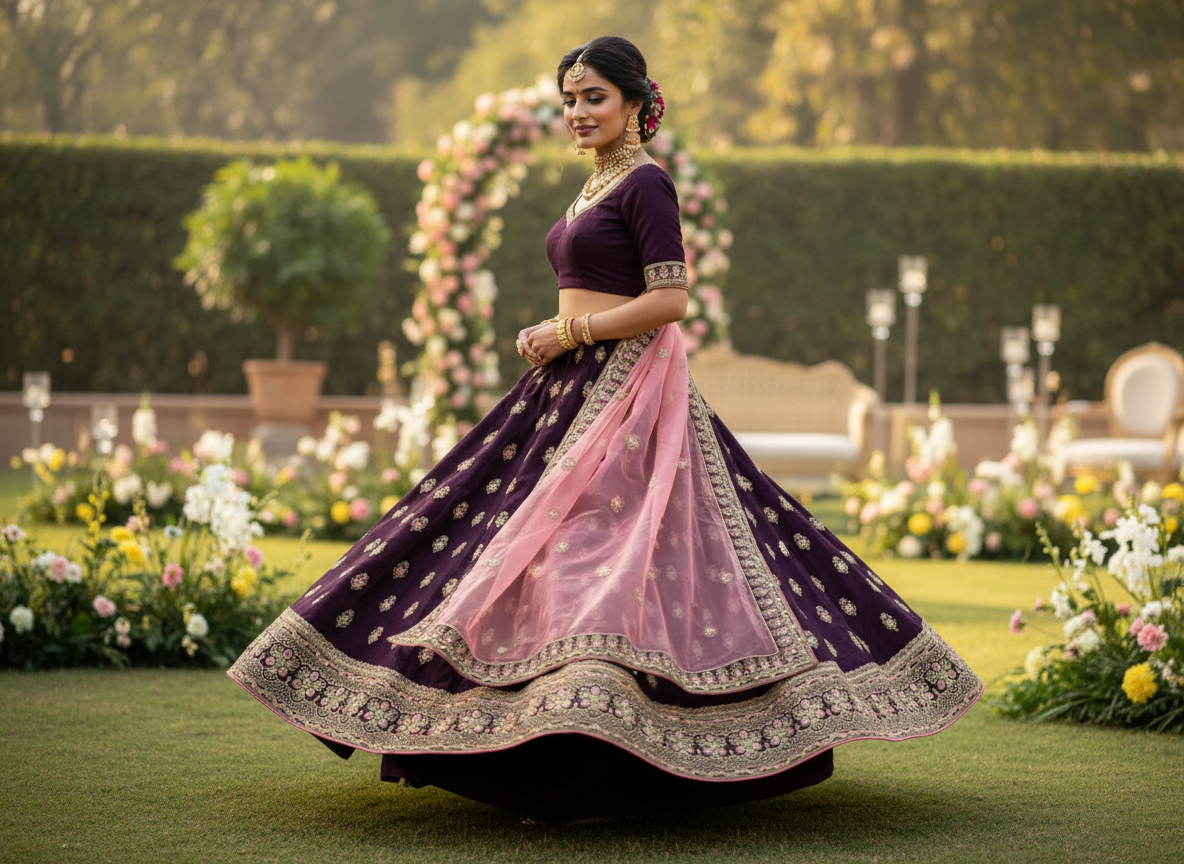 Three-quarter twirl view of purple lehenga
